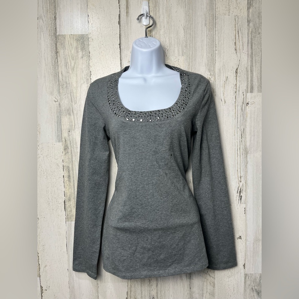EXPRESS Women's Gray Scoop Neck rhinestone Long Sleeves Pullover Shirt Medium